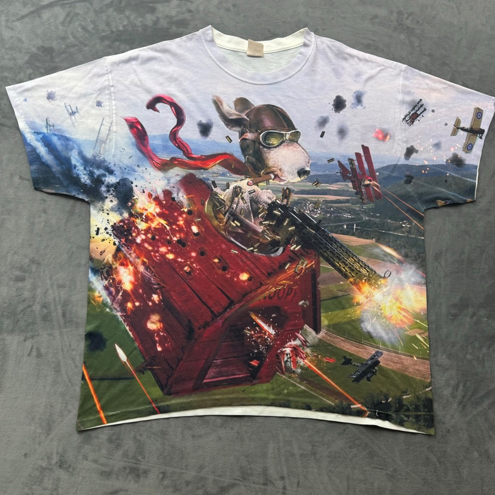 Jerzees Red Baron Snoopy All Over Print T-Shirt XL Dri-Power Sport Doghouse War